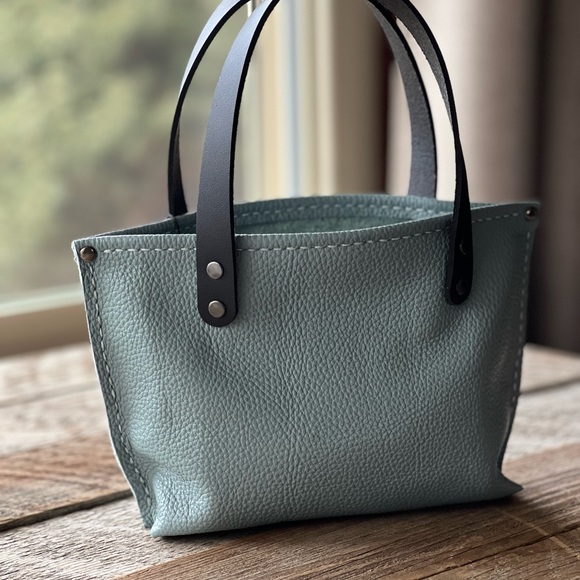 Handmade Mini Sea Foam Blue Leather Tote Bag - Picture 11 of 13
